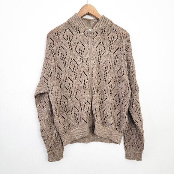 Brunello Cuccinelli Pailette Crochet Lace Bomber Cardigan in Tobacco Tan Large - Picture 4 of 12